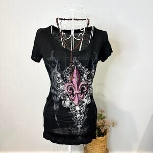 Cute vintage y2k black tight sequin bedazzled grunge semi sheer top